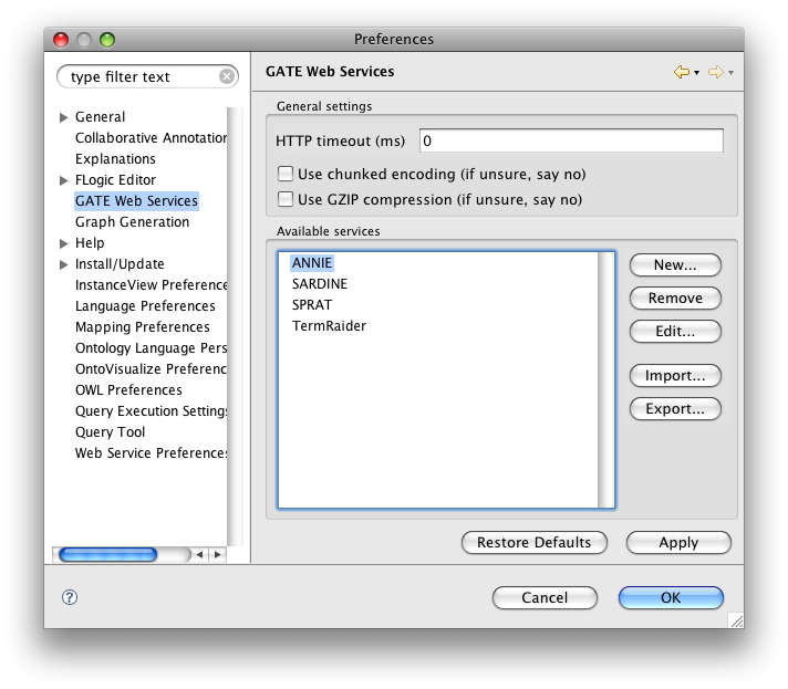 GATE Web Services preference page